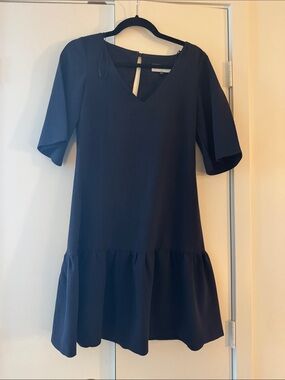 Navy V-Neck Ruffle Hem Dress